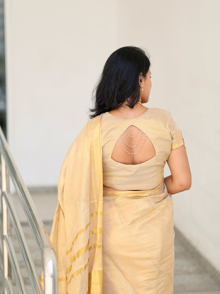 Royal Gold Kasavu Saree with Shimmer Zari Weave, Statement Pallu & Tassels on Edges, Comes With Attached Blouse Piece