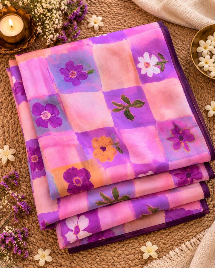 Lavender Pink Chinnon Saree with Artistic Floral Check Print & Attached Blouse Piece