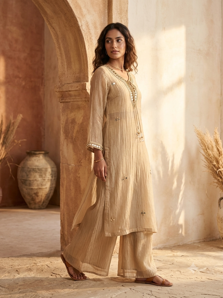 Handwork Necklace Neckline Crushed Organza Sharara Set in Salsa Beige