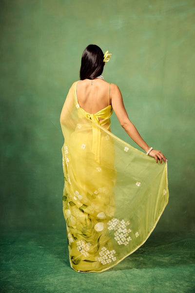 Sky Blue Hand-Painted Pure Organza Saree with White Dogwood Floral Motifs & Modal Satin Blouse