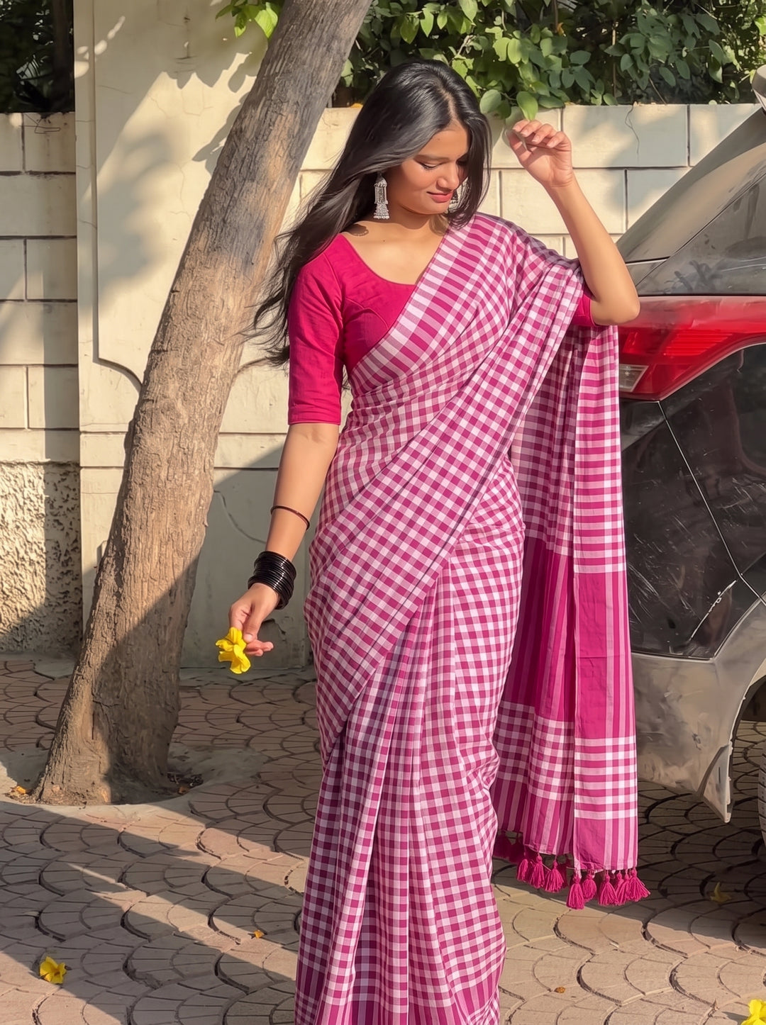 Magenta Pink & White Checkered Mul Cotton Saree with Blouse Piece