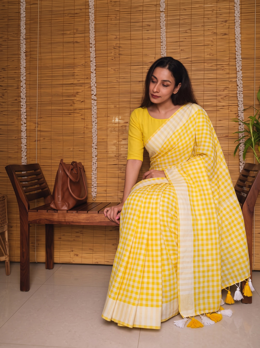 Sunshine Yellow & White Checkered Mul Cotton Saree with Tassels & Blouse Piece