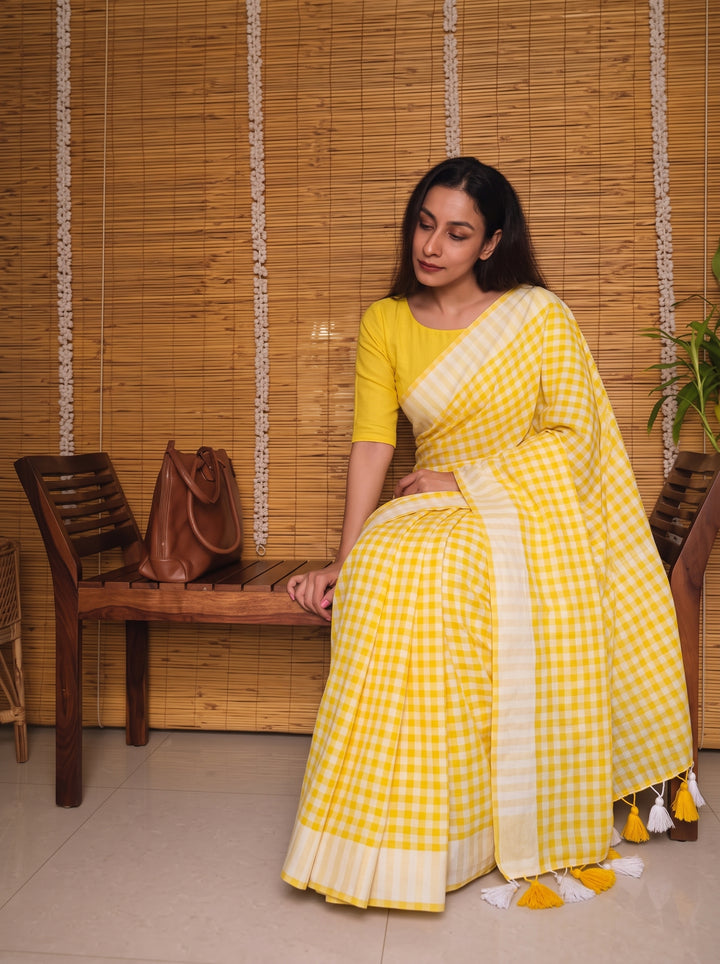 Sunshine Yellow & White Checkered Mul Cotton Saree with Tassels & Blouse Piece