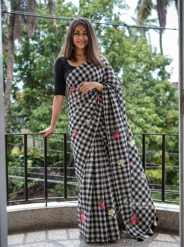 Black & White Checkered Mul Cotton Saree with Floral Motifs, Tassels & Blouse Piece