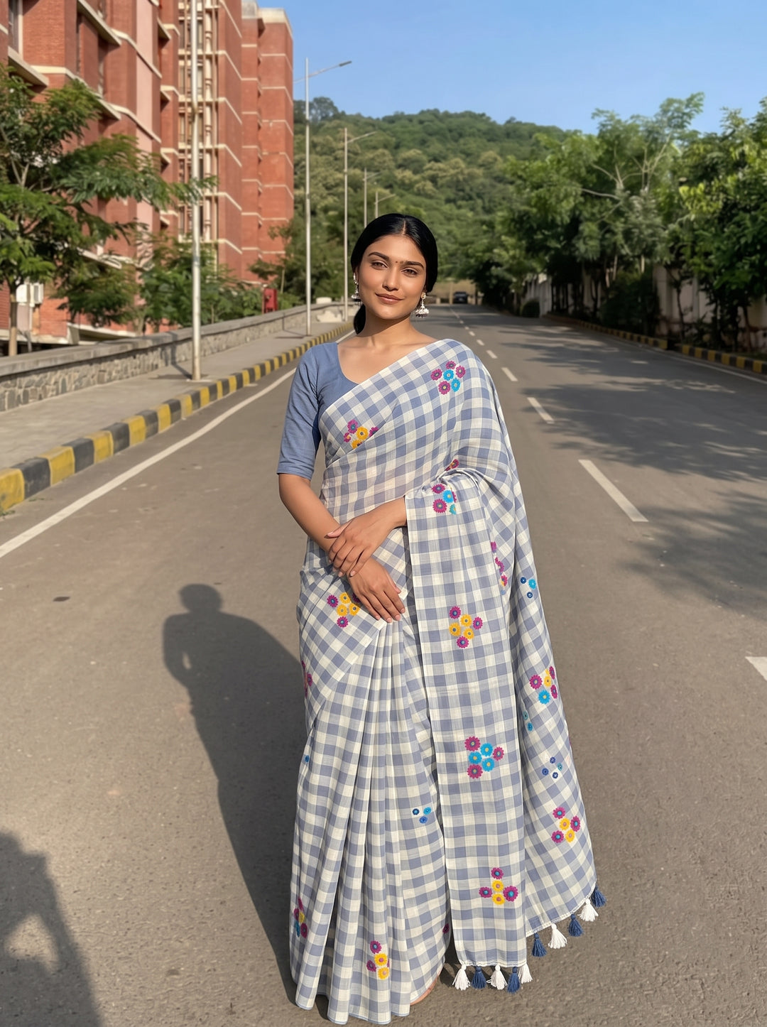 Grey & White Checkered Mul Cotton Saree with Multicolour Floral Motifs, Tassels & Blouse Piece