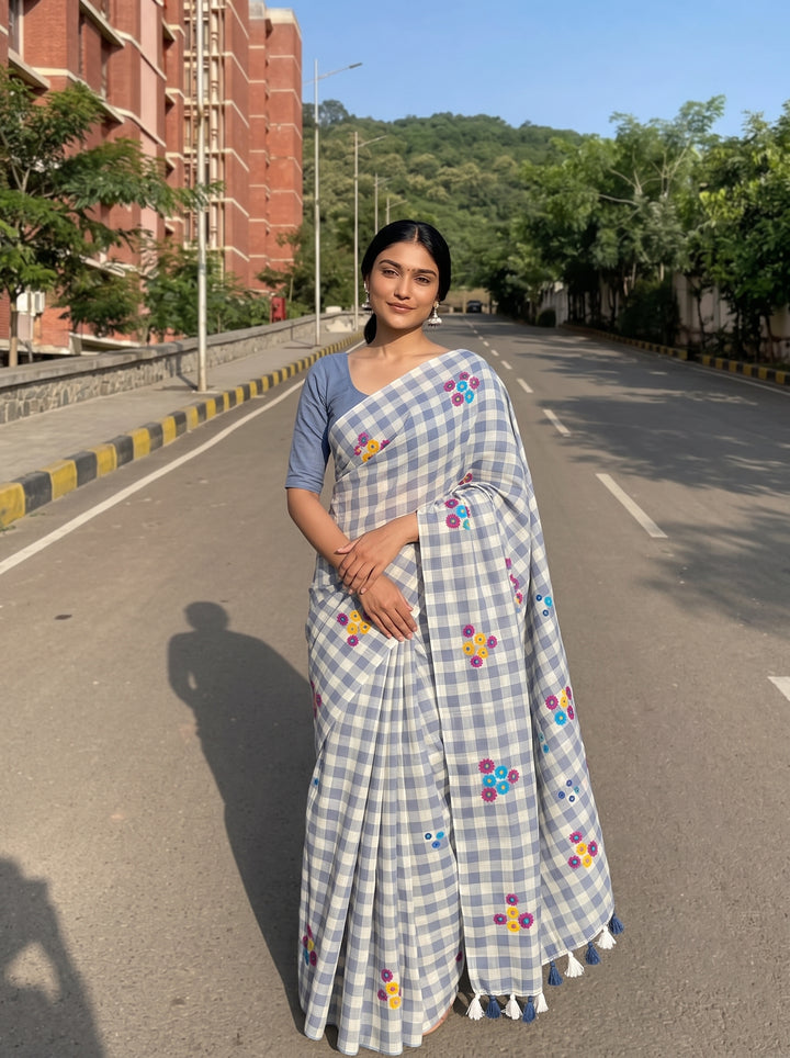 Grey & White Checkered Mul Cotton Saree with Multicolour Floral Motifs, Tassels & Blouse Piece