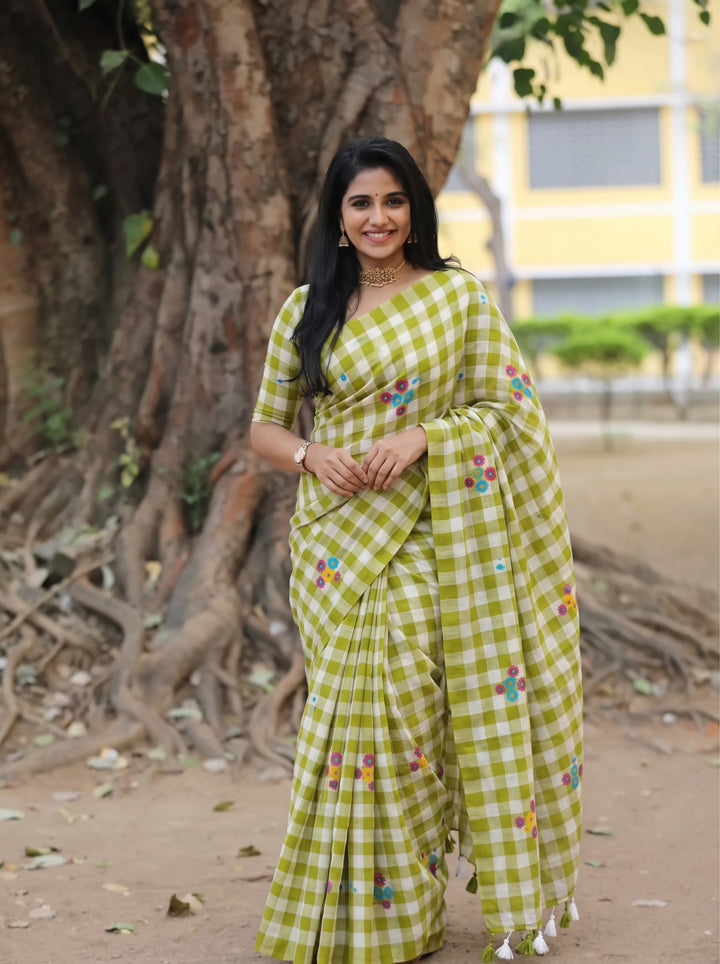 Lime Green & White Checkered Mul Cotton Saree with Multicolour Floral Motifs, Tassels & Blouse Piece