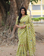 Lime Green & White Checkered Mul Cotton Saree with Multicolour Floral Motifs, Tassels & Blouse Piece