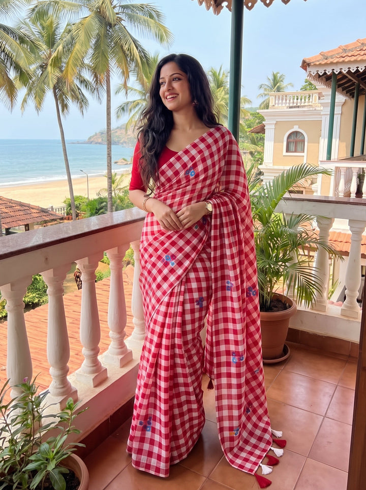 Red & White Checkered Mul Cotton Saree with Multicolour Floral Motifs, Tassels & Blouse Piece
