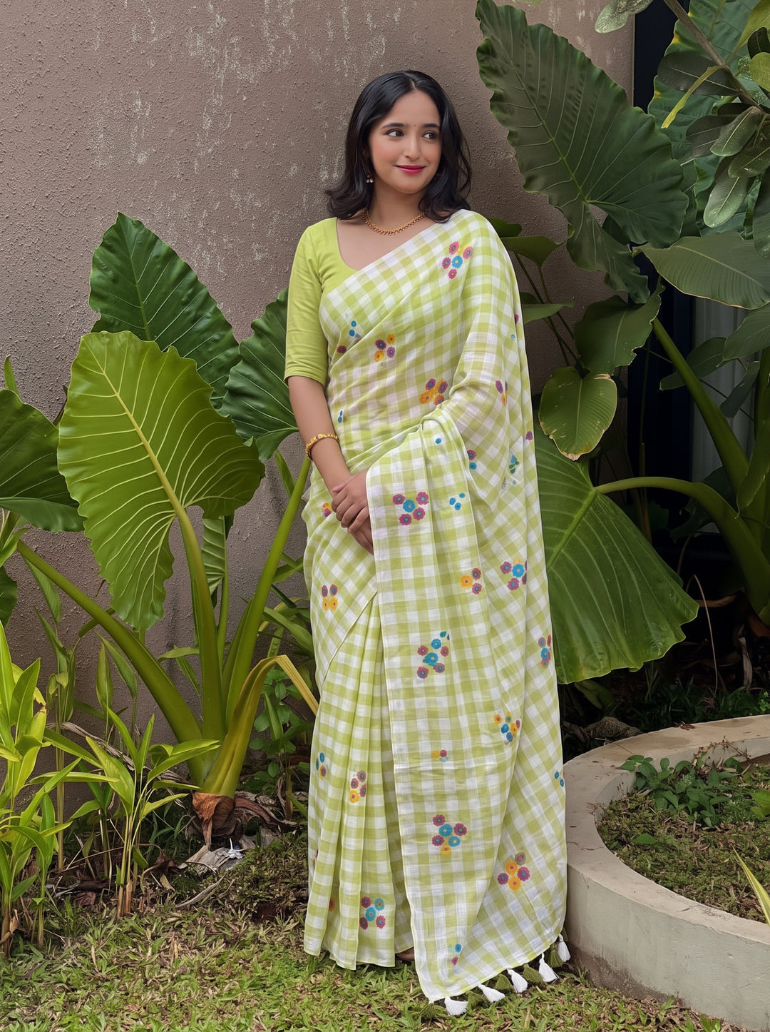 Pista Green & White Checkered Mul Cotton Saree with Multicolour Floral Motifs, Tassels & Blouse Piece