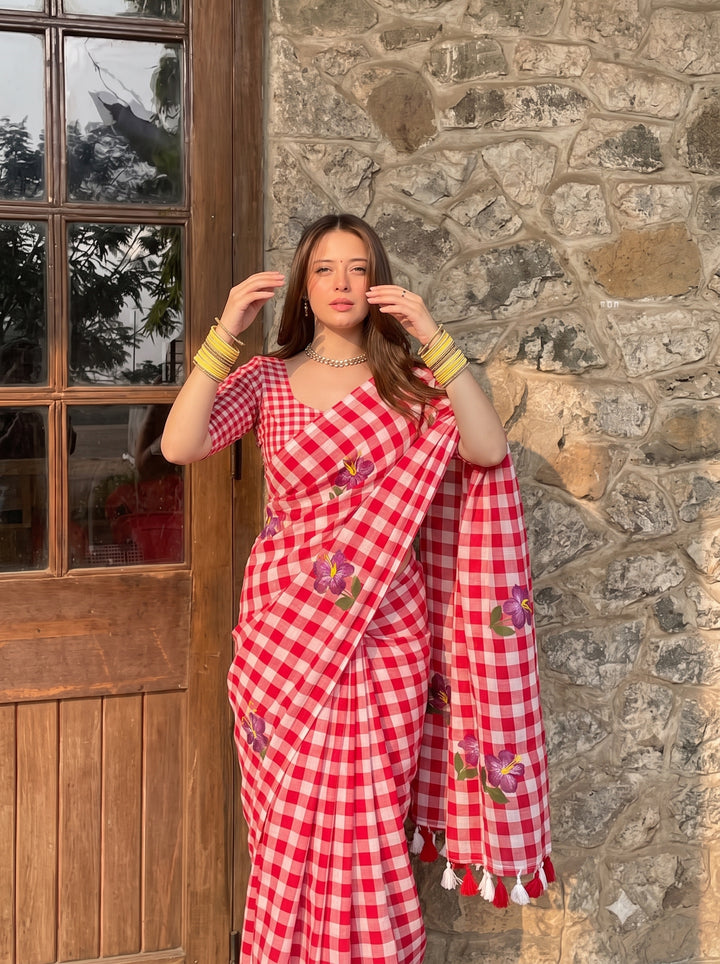 Red & White Checkered Mul Cotton Saree with Floral Motifs, Tassels & Blouse Piece