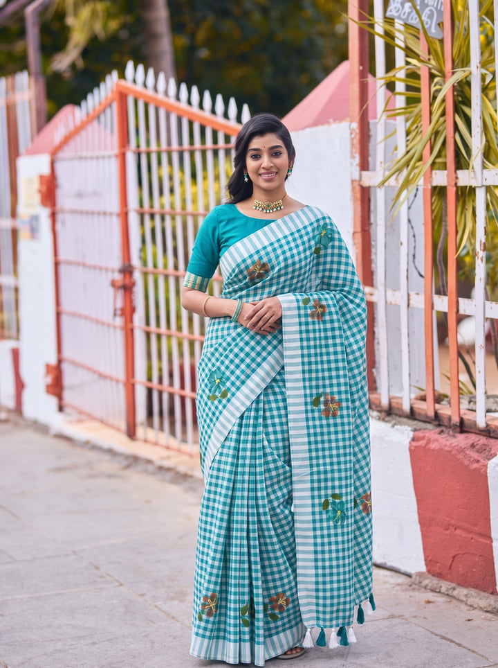 Aqua Blue & White Checkered Mul Cotton Saree with Floral Motifs, Tassels & Blouse Piece