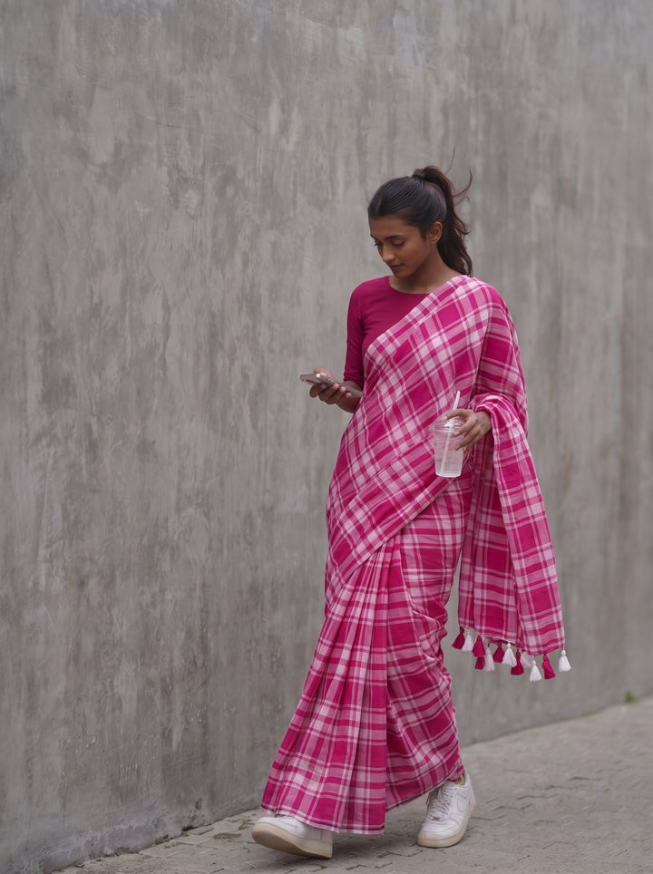 Rani Pink & White Madras Checkered Mul Cotton Saree with Tassels & Blouse Piece