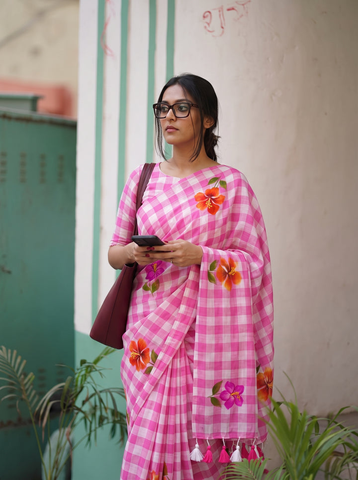 Blush Pink & White Checkered Mul Cotton Saree with Floral Motifs, Tassels & Blouse Piece