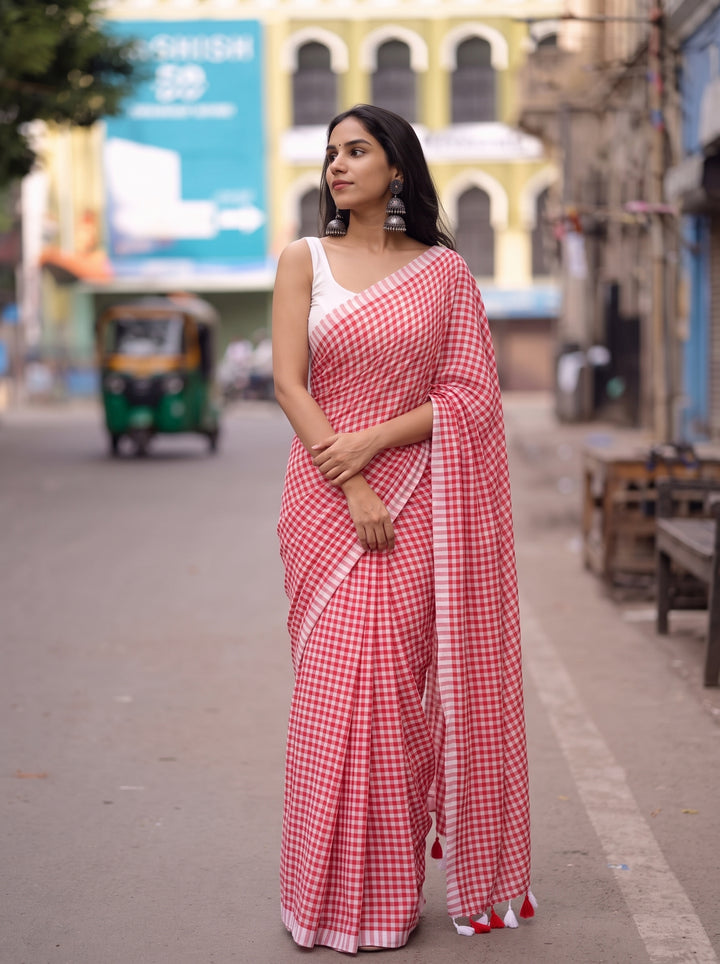 Red & White Checkered Mul Cotton Saree with Tassels & Blouse Piece