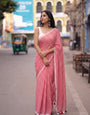 Red & White Checkered Mul Cotton Saree with Tassels & Blouse Piece