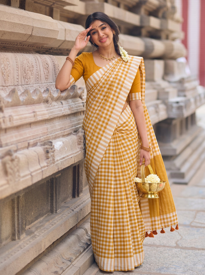 Mustard Yellow & White Checkered Mul Cotton Saree with Striped Border, Tassels & Blouse Piece