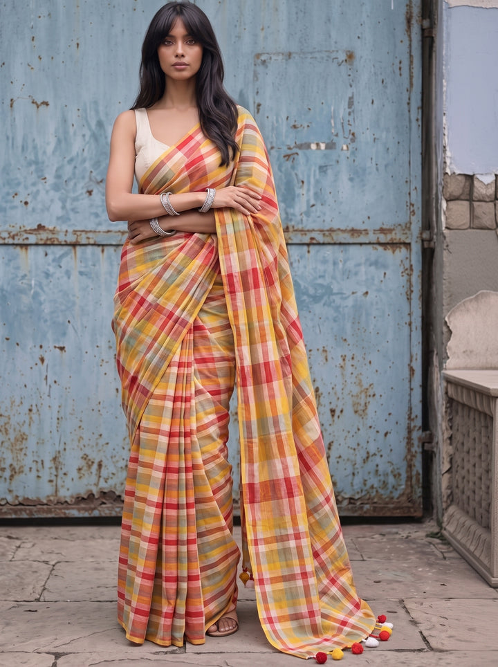 Multicolour Checkered Mul Cotton Saree with Colourful Tasselled Pallu, Comes With Attached Blouse Piece