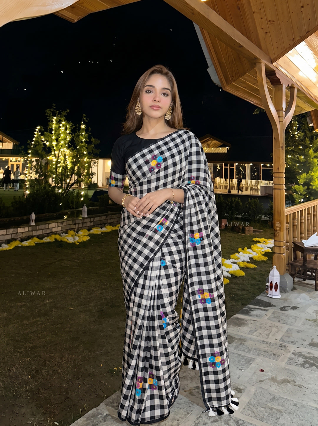 Black & White Checkered Mul Cotton Saree with Multicolour Floral Motifs, Tassels & Blouse Piece