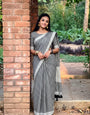 Black & White Checkered Mul Cotton Saree with Tassels & Blouse Piece