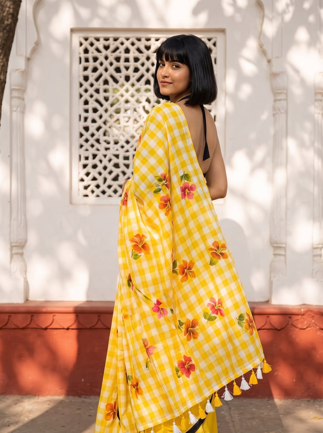 Yellow & White Checkered Mul Cotton Saree with Floral Motifs, Tassels & Blouse Piece