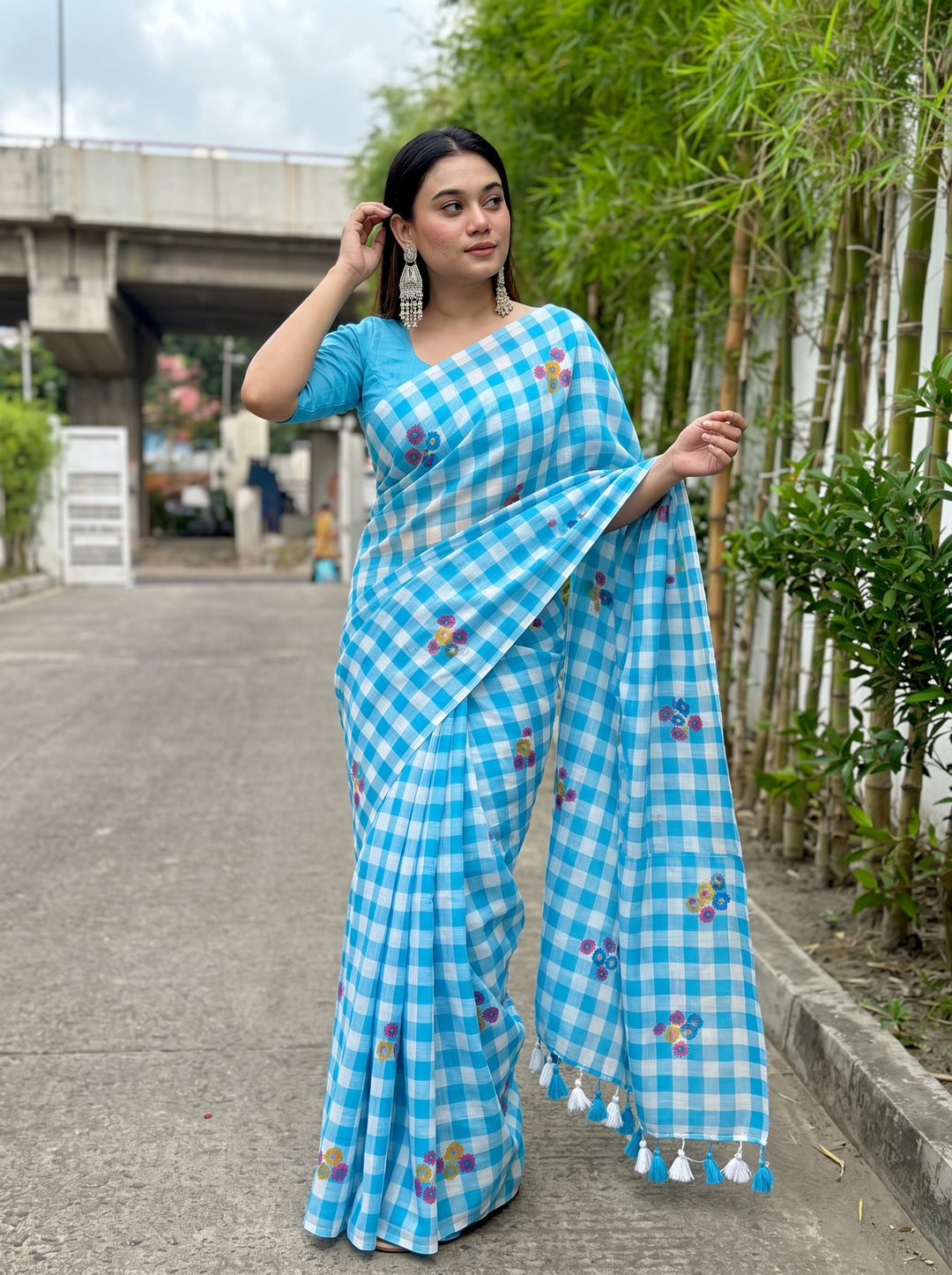 Sky Blue & White Checkered Mul Cotton Saree with Multicolour Floral Motifs, Tassels & Blouse Piece