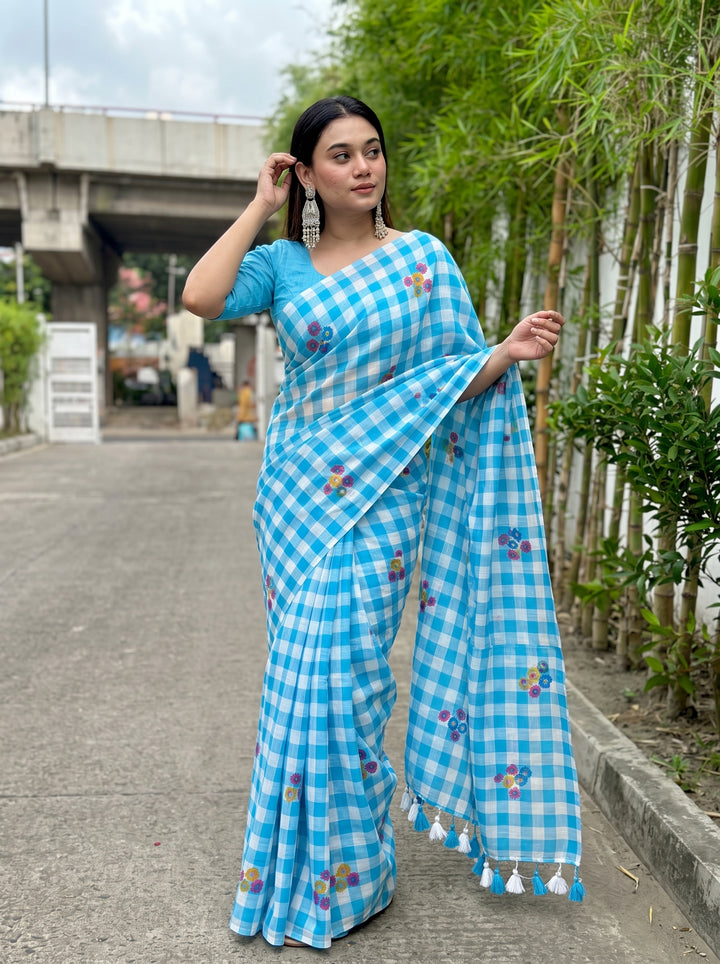 Sky Blue & White Checkered Mul Cotton Saree with Multicolour Floral Motifs, Tassels & Blouse Piece
