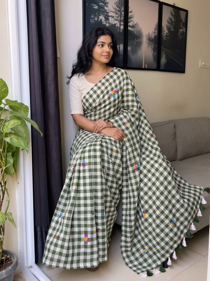 Olive Green & White Checkered Mul Cotton Saree with Multicolour Floral Motifs, Tassels & Blouse Piece