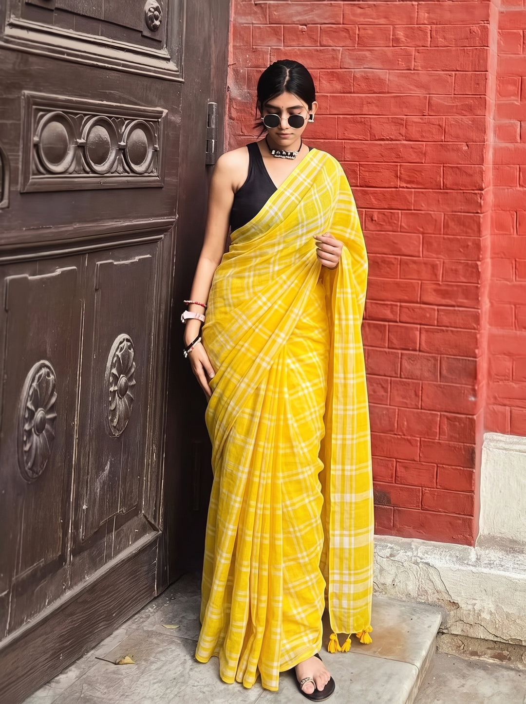 Sunshine Yellow & White Madras Checkered Mul Cotton Saree with Tassels & Attached Blouse Piece