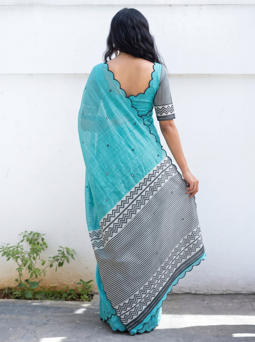 Aqua Blue Mul Cotton Saree with Aari Foil Mirror Work, Embroidered Arco Border & Contrast Printed Pallu with Blouse Piece