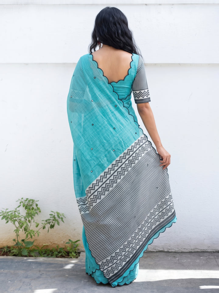 Aqua Blue Mul Cotton Saree with Aari Foil Mirror Work, Embroidered Arco Border & Contrast Printed Pallu with Blouse Piece