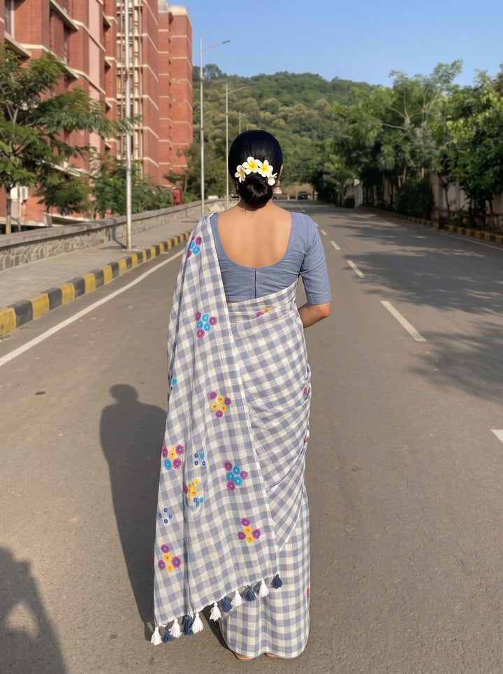 Grey & White Checkered Mul Cotton Saree with Multicolour Floral Motifs, Tassels & Blouse Piece