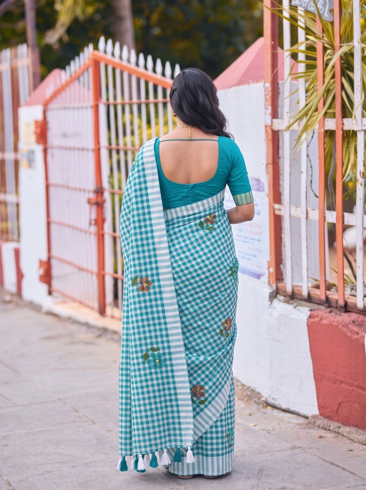 Aqua Blue & White Checkered Mul Cotton Saree with Floral Motifs, Tassels & Blouse Piece
