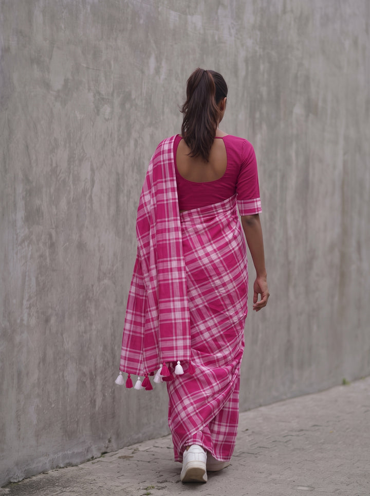 Rani Pink & White Madras Checkered Mul Cotton Saree with Tassels & Blouse Piece