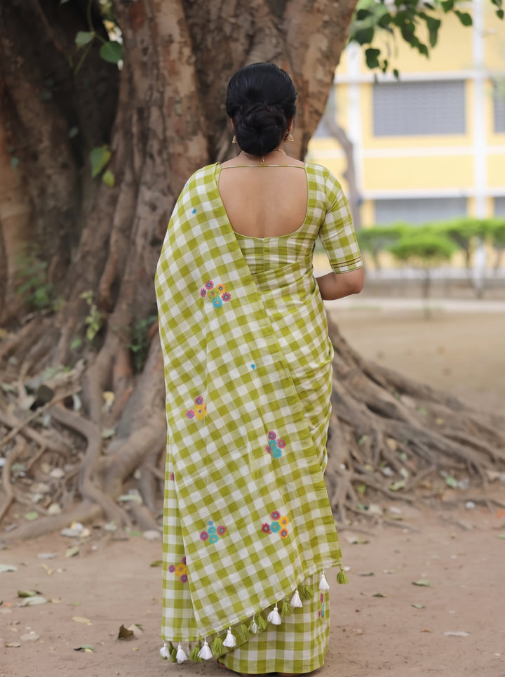 Lime Green & White Checkered Mul Cotton Saree with Multicolour Floral Motifs, Tassels & Blouse Piece