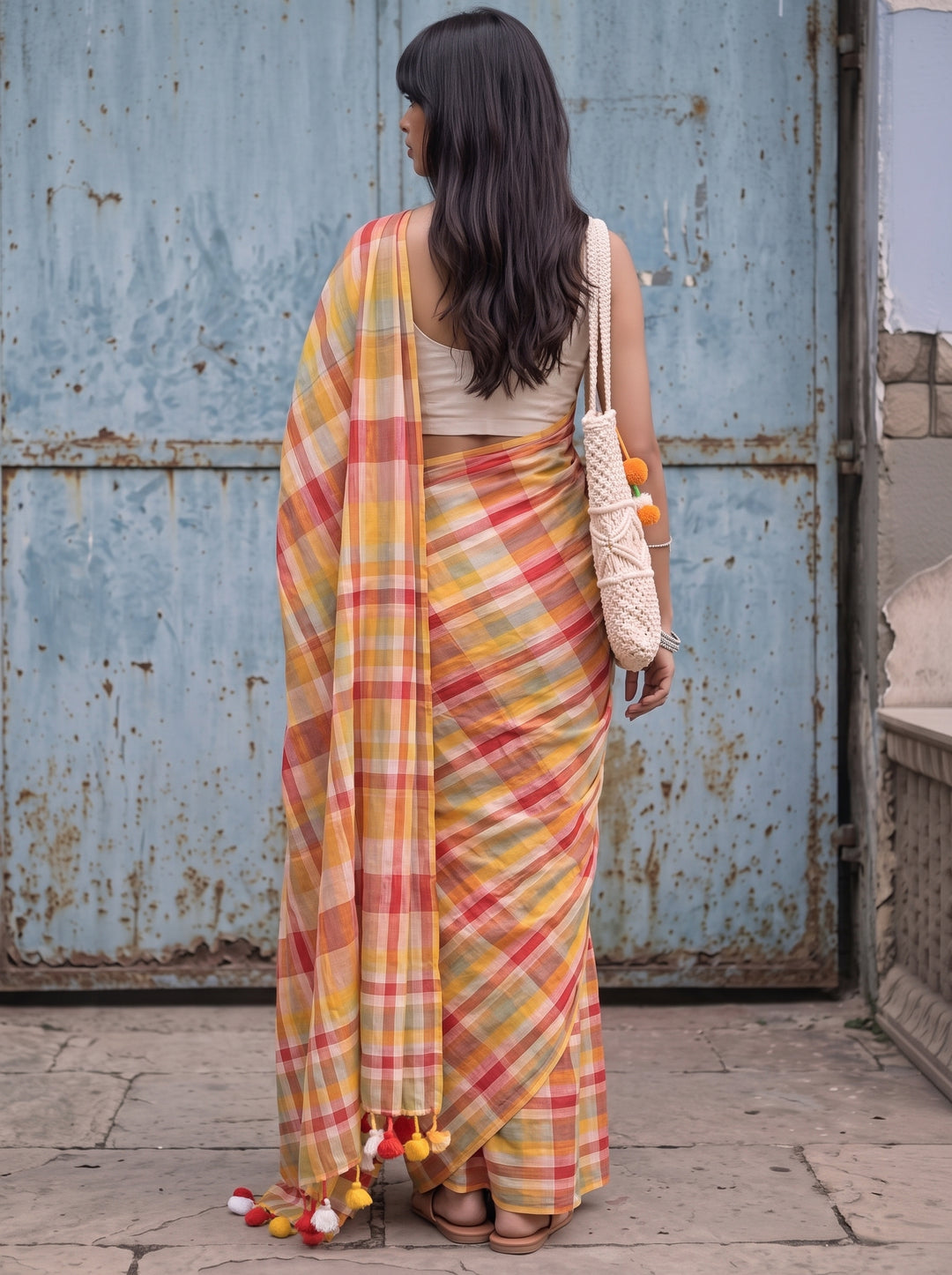 Multicolour Checkered Mul Cotton Saree with Colourful Tasselled Pallu, Comes With Attached Blouse Piece