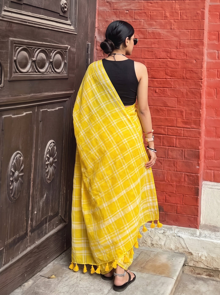 Sunshine Yellow & White Madras Checkered Mul Cotton Saree with Tassels & Attached Blouse Piece
