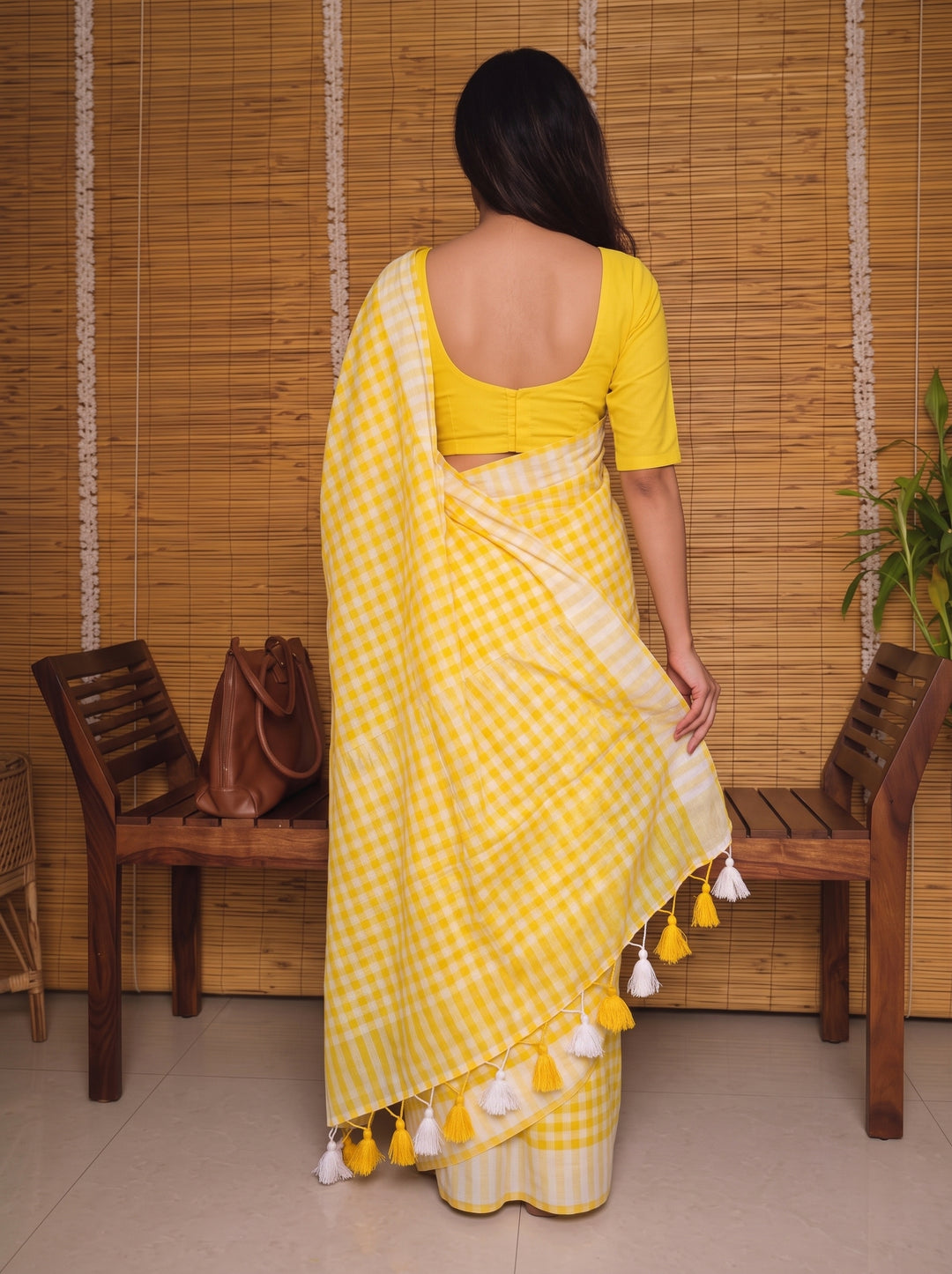 Sunshine Yellow & White Checkered Mul Cotton Saree with Tassels & Blouse Piece