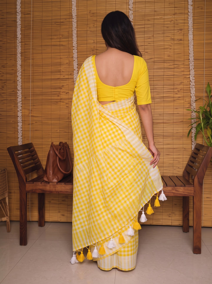 Sunshine Yellow & White Checkered Mul Cotton Saree with Tassels & Blouse Piece