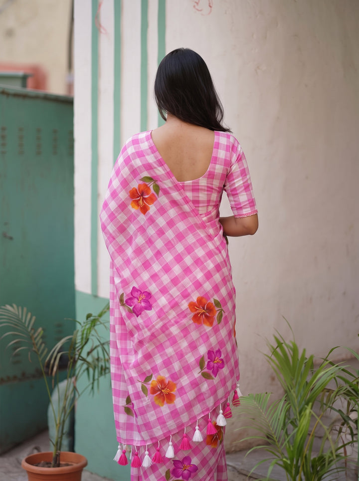 Blush Pink & White Checkered Mul Cotton Saree with Floral Motifs, Tassels & Blouse Piece
