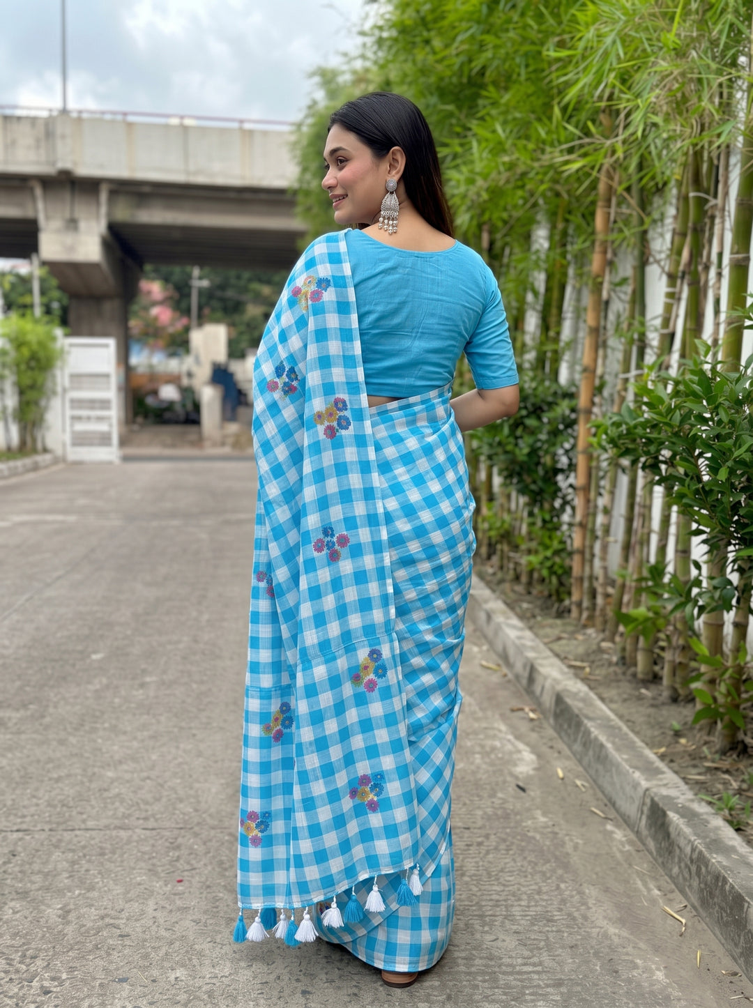 Sky Blue & White Checkered Mul Cotton Saree with Multicolour Floral Motifs, Tassels & Blouse Piece