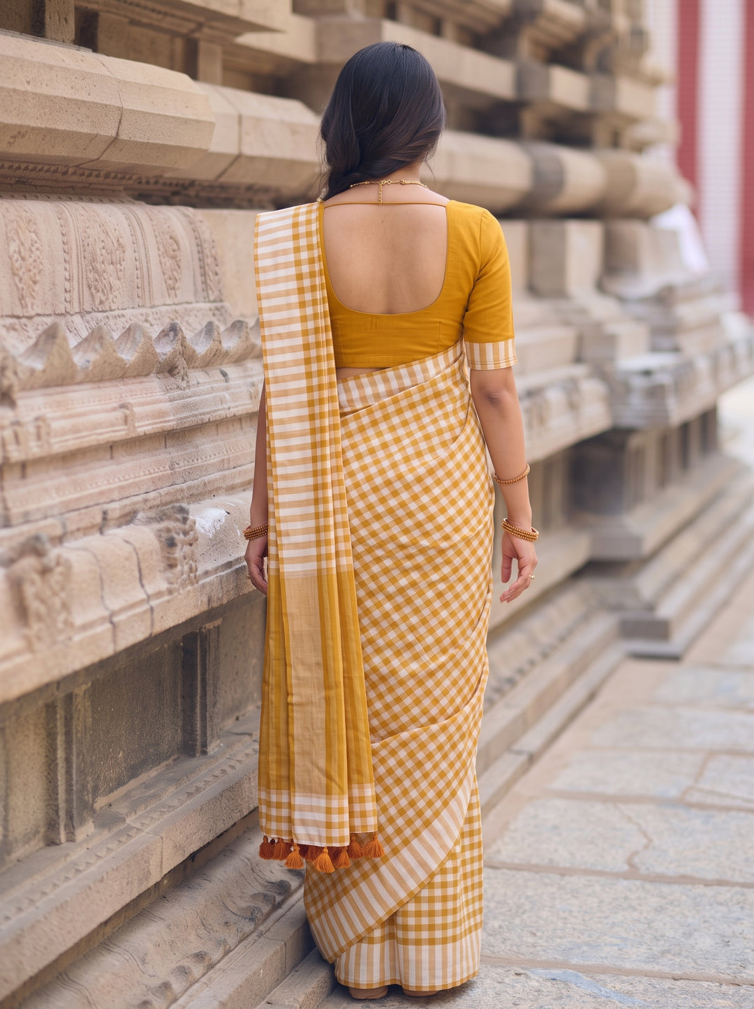 Mustard Yellow & White Checkered Mul Cotton Saree with Striped Border, Tassels & Blouse Piece