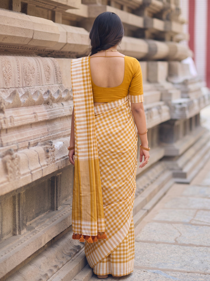Mustard Yellow & White Checkered Mul Cotton Saree with Striped Border, Tassels & Blouse Piece