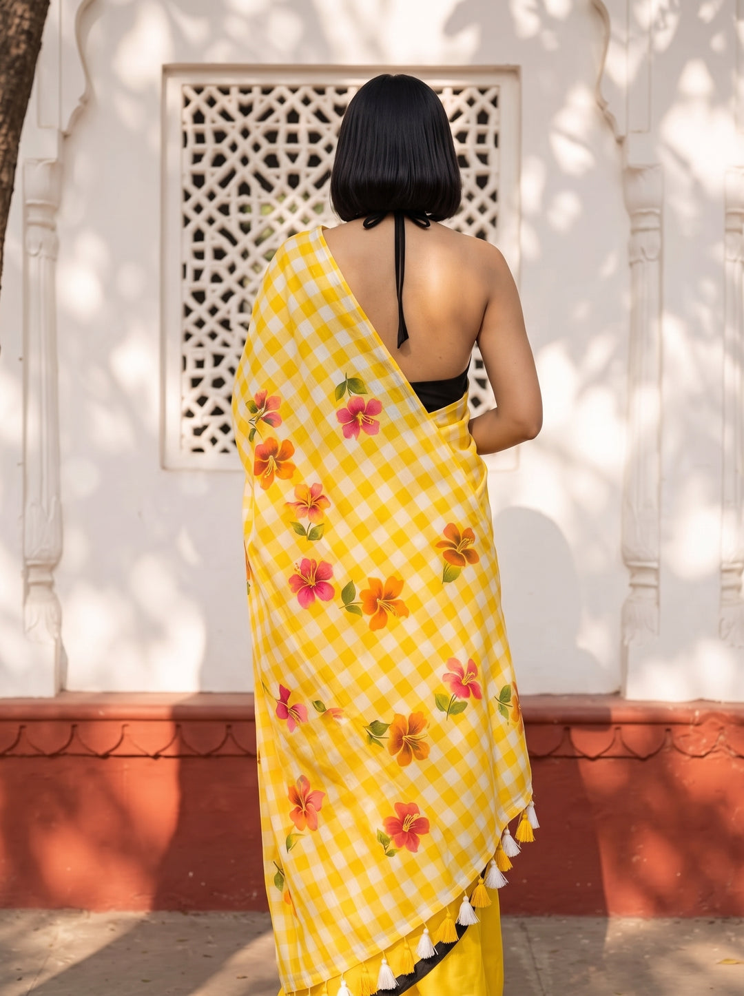 Yellow & White Checkered Mul Cotton Saree with Floral Motifs, Tassels & Blouse Piece
