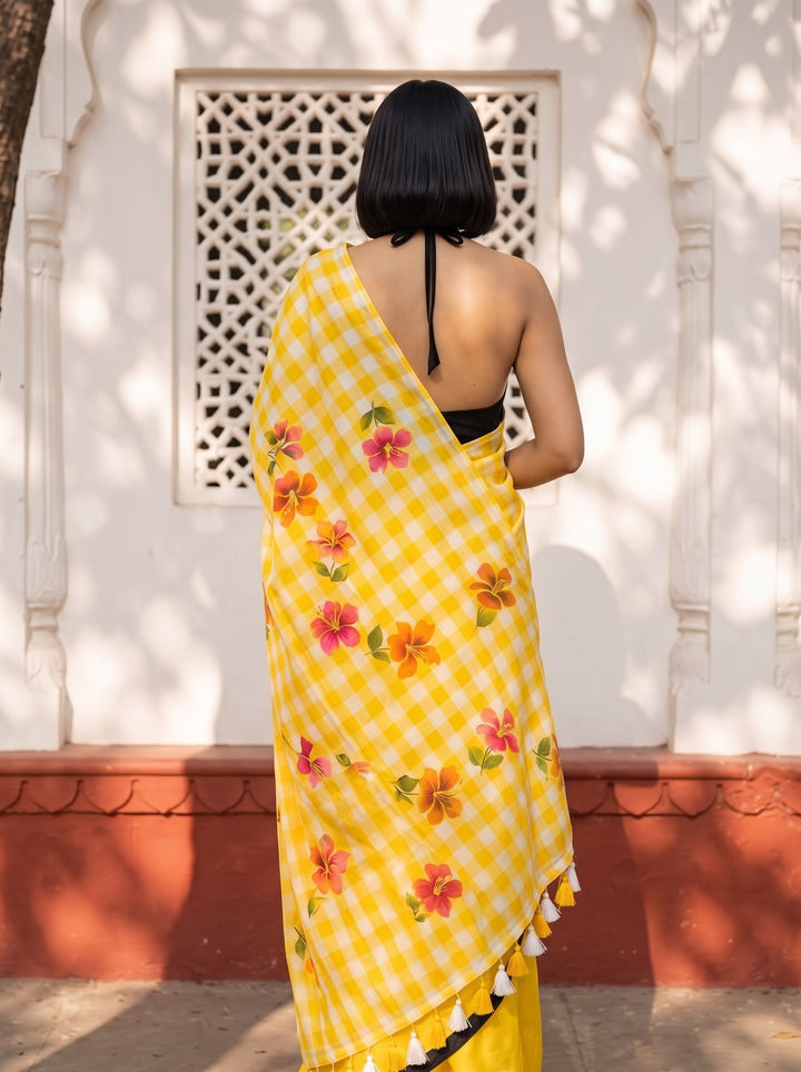 Yellow & White Checkered Mul Cotton Saree with Floral Motifs, Tassels & Blouse Piece