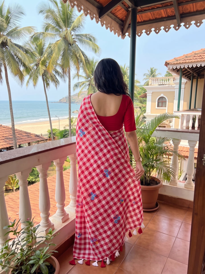 Red & White Checkered Mul Cotton Saree with Multicolour Floral Motifs, Tassels & Blouse Piece