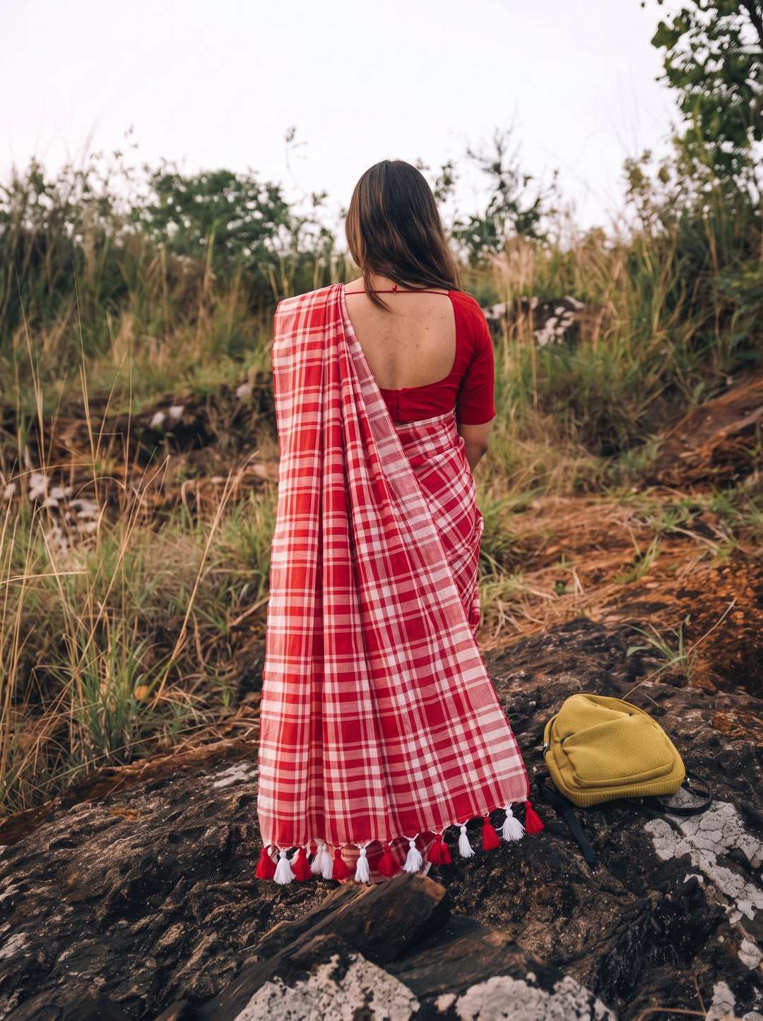 Red & White Madras Checkered Mul Cotton Saree with Tassels & Blouse Piece