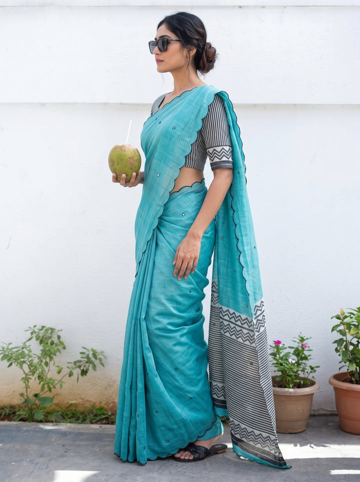 Aqua Blue Mul Cotton Saree with Aari Foil Mirror Work, Embroidered Arco Border & Contrast Printed Pallu with Blouse Piece