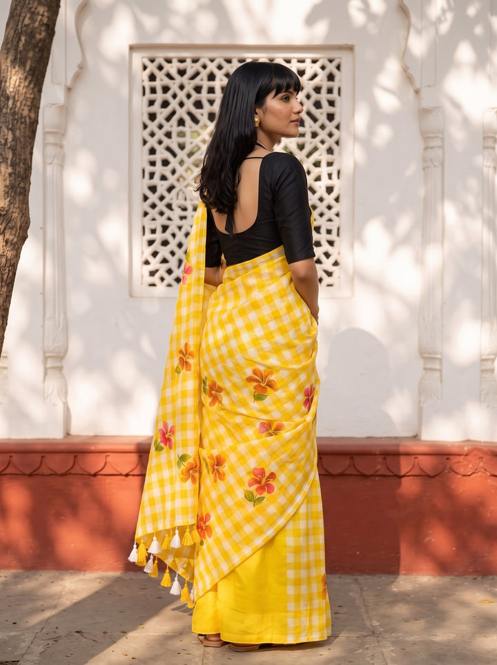 Yellow & White Checkered Mul Cotton Saree with Floral Motifs, Tassels & Blouse Piece