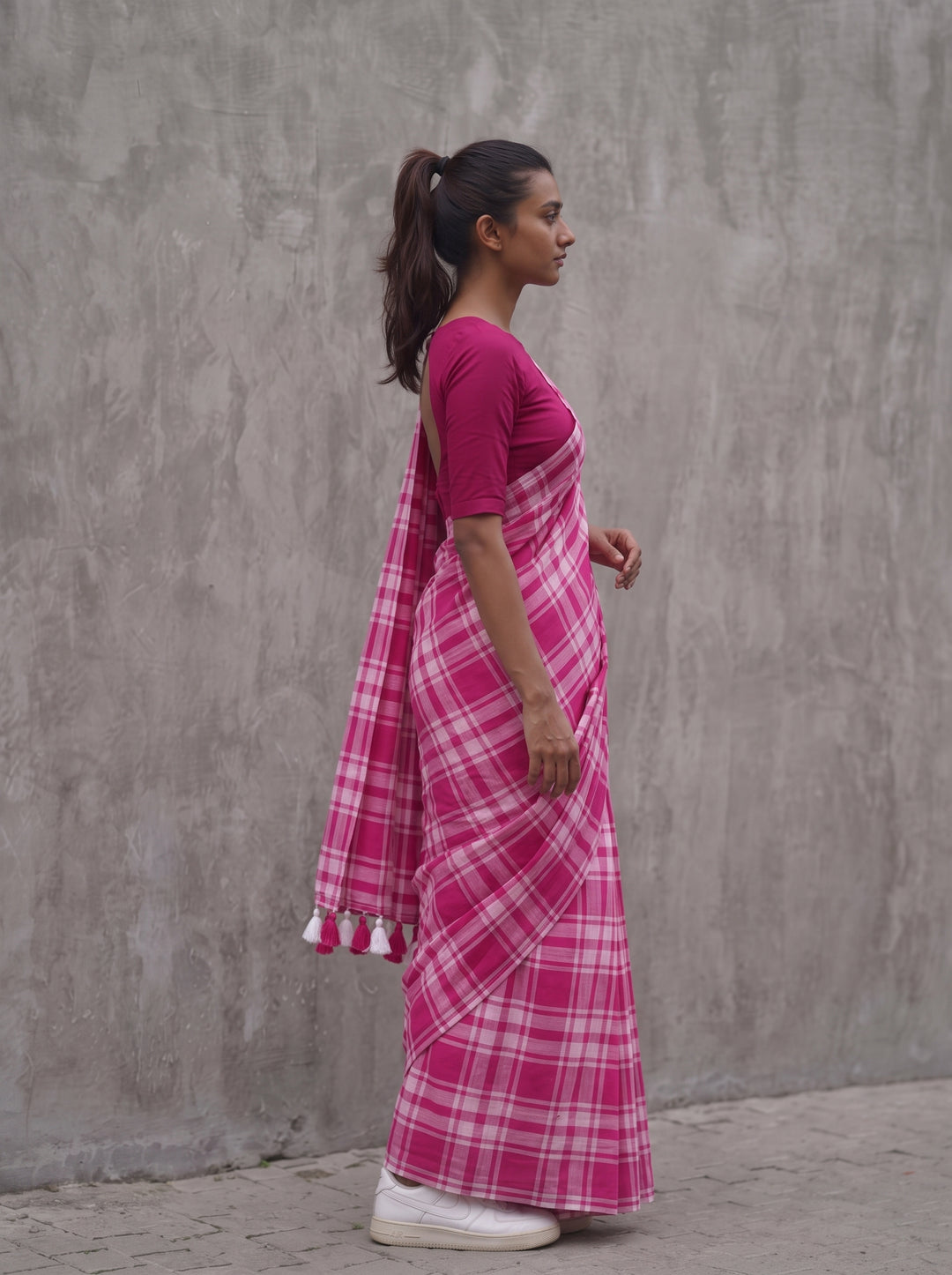 Rani Pink & White Madras Checkered Mul Cotton Saree with Tassels & Blouse Piece